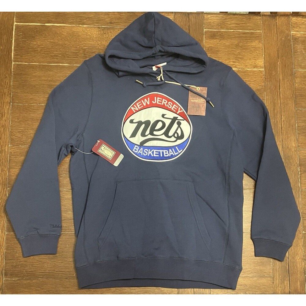 Men’s Mitchell Ness Size L New Jersey Nets Navy Blue Fleece Hoodie NBA